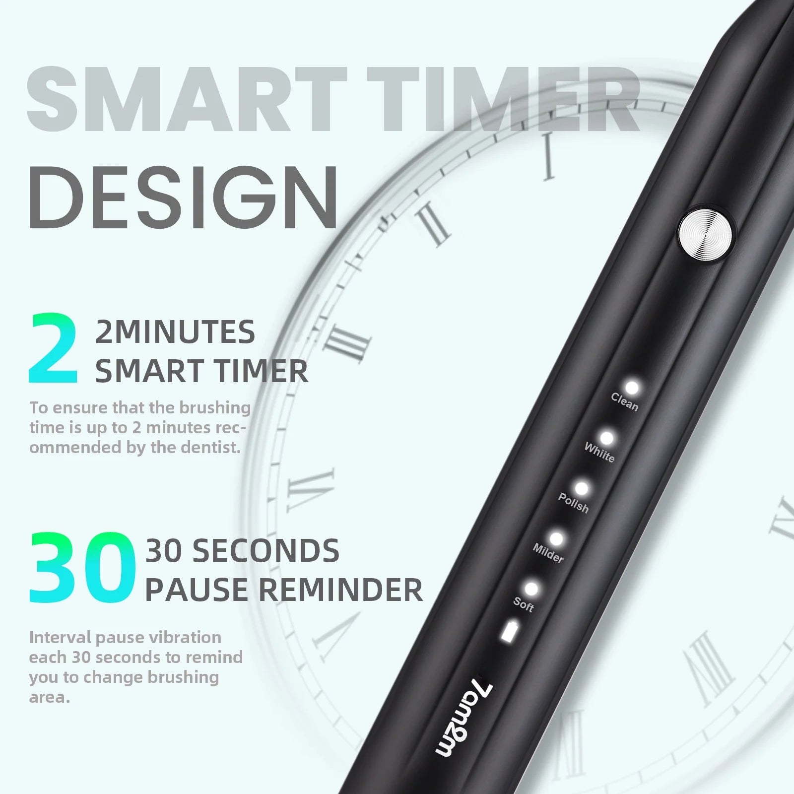 7AM2M Sonic Electric Toothbrush for Adults and Kids, One Charge for 90 Days, with 6 Brush Heads, 5 Modes with 2 Minutes Build in Smart Timer, Roman Column Handle Design,Black