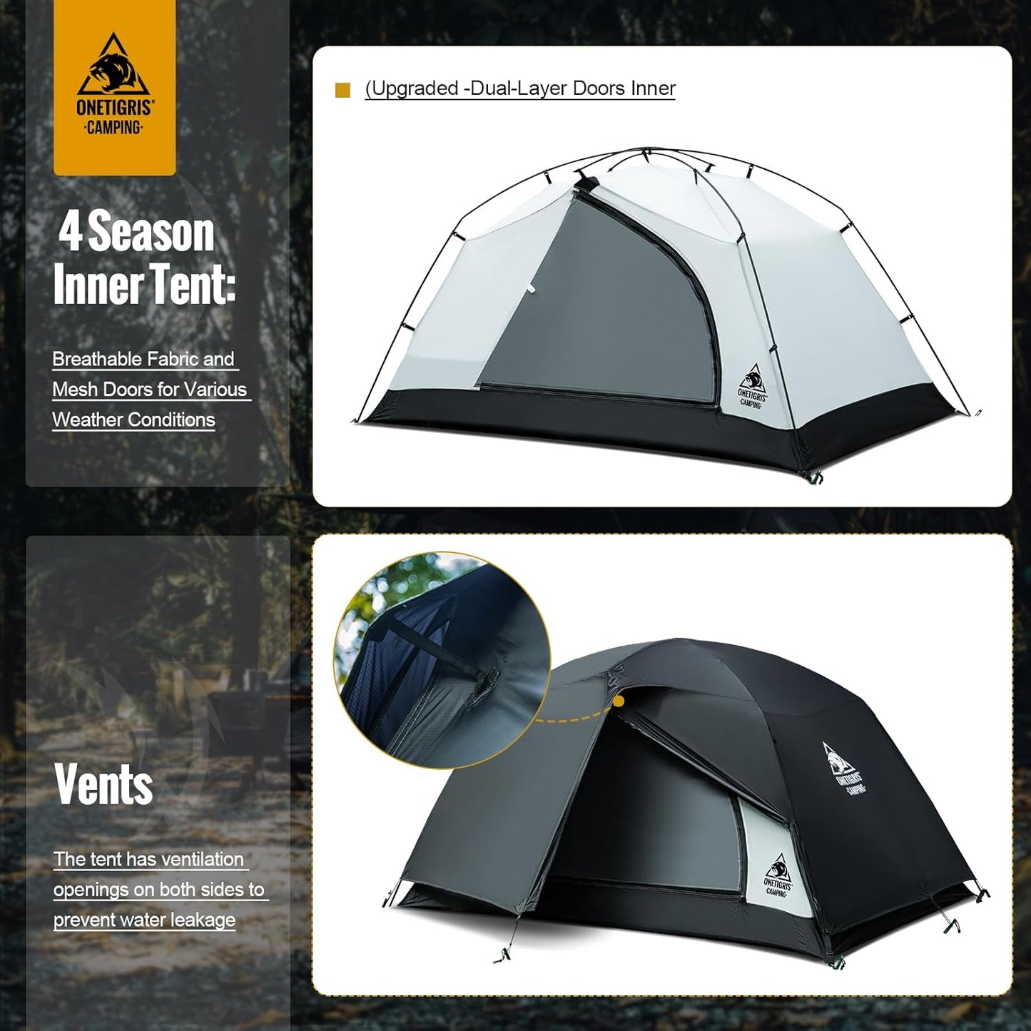 OneTigris Stella 4 Season Camping Tent Backpacking 2 Person Waterproof Lightweight Easy Setup Instant 3000mm Waterproof Rating Outdoor Hiking Tent