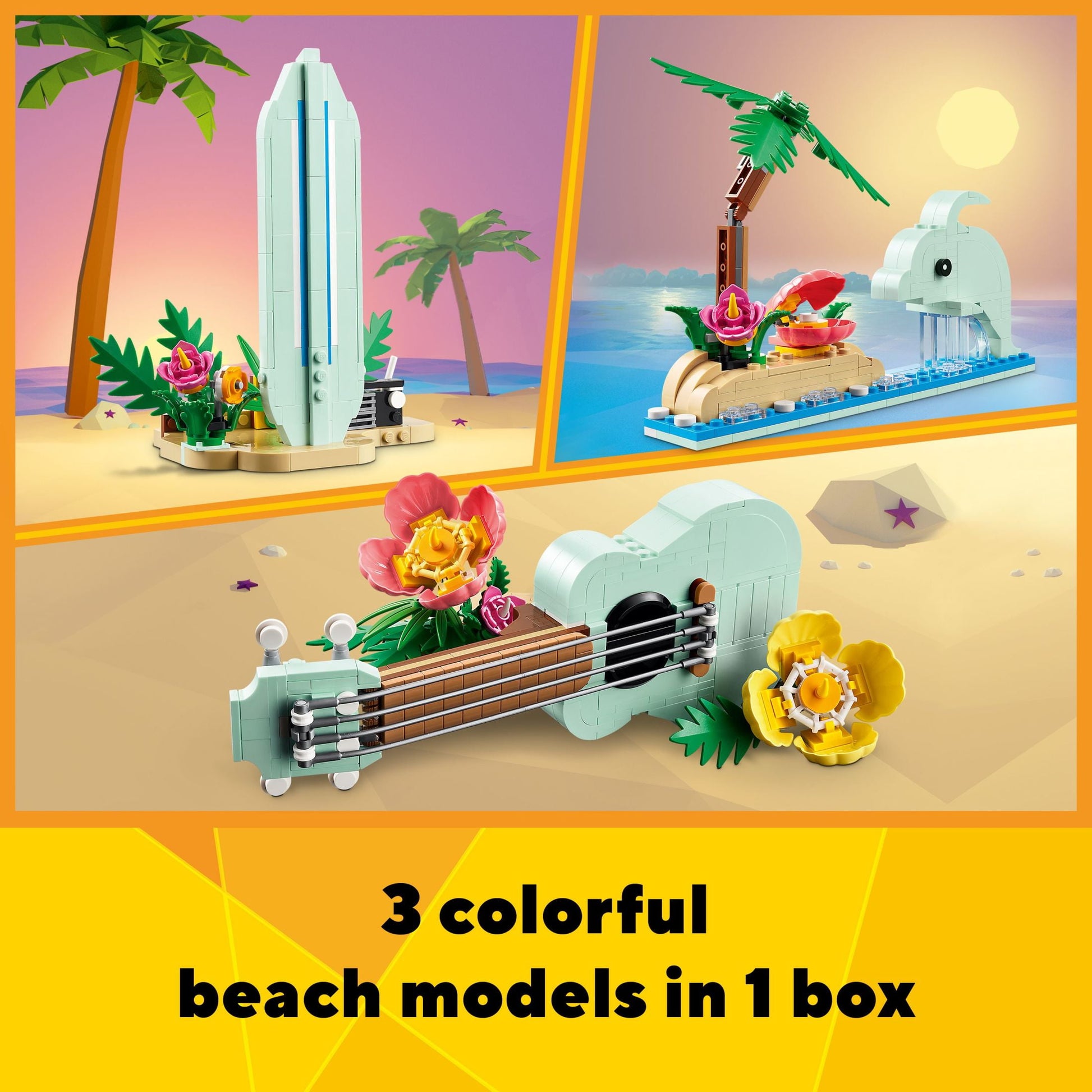 LEGO Creator 3 in 1 Tropical Ukulele Instrument Toy, Transforms from Ukulele to Surfboard Toy to Dolphin Toy, Sea Animal Toy, Beach-Themed Birthday Gift Idea for Girls and Boys Ages 8 and Up, 31156