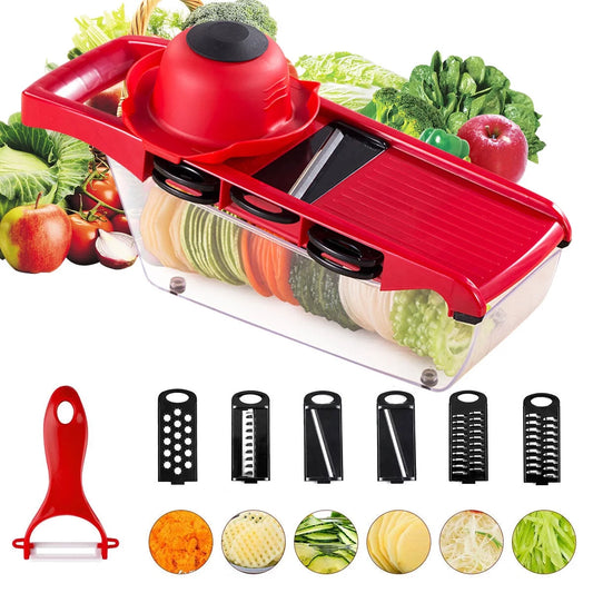 Vegetable Cutter with 6 Blades Multifunctional Mandoline Onion Chopper Time Saving Vegetable Fruits Dicer Kitchen Food Slicer Mincer with Container for Salad Potato