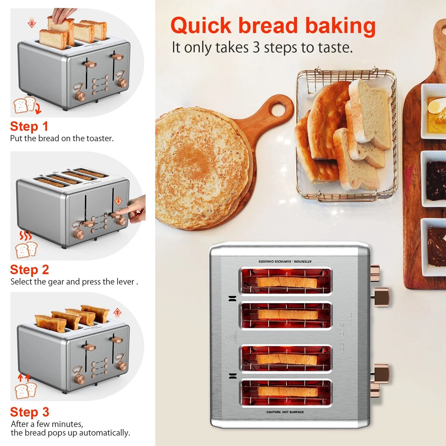 WHALL 4 Slice Toaster - Stainless Steel Bagel Toaster with Dual Control Panels, Wide Slot, 6 Shade Settings, Removable Crumb Tray