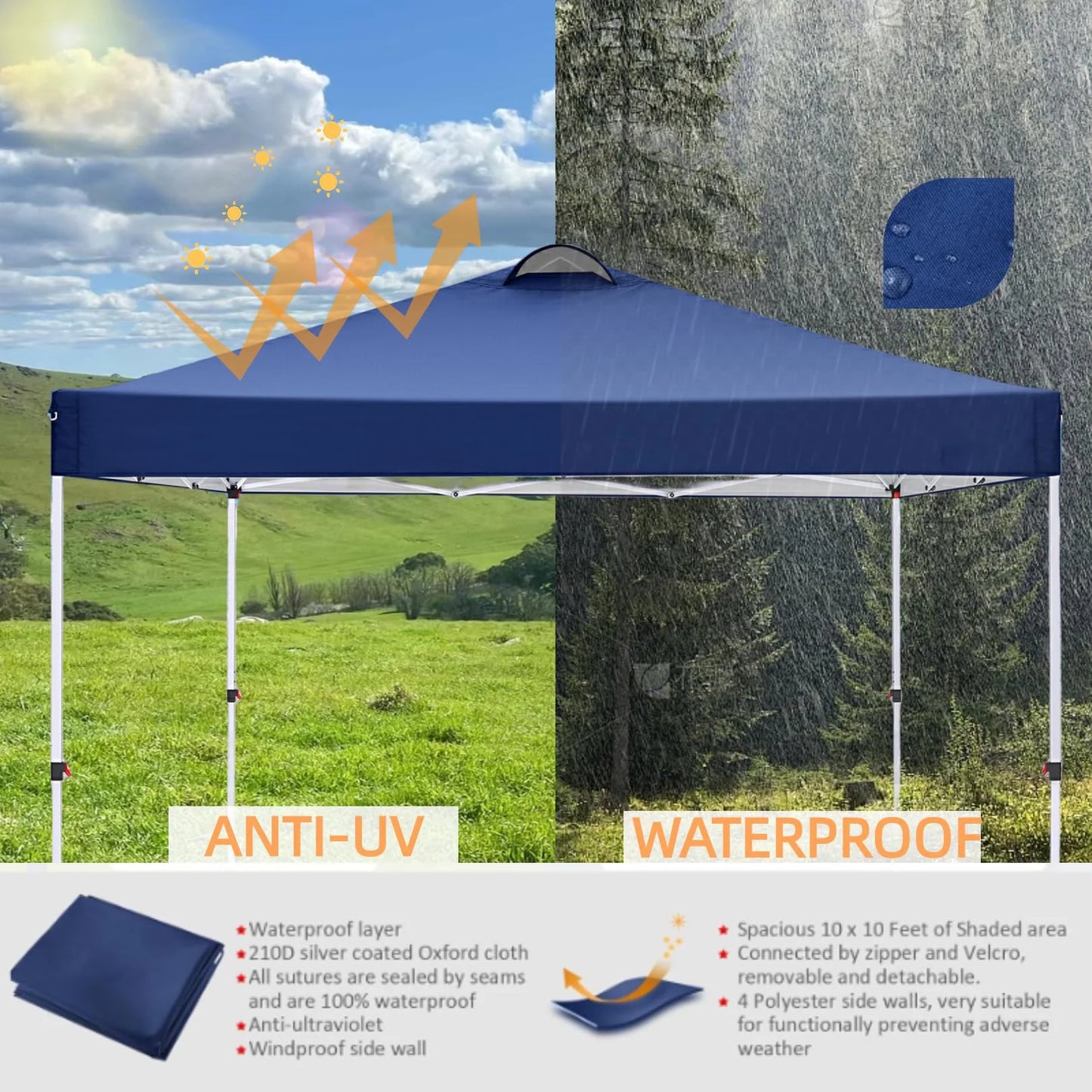 HOTEEL Canopy 10x10 Waterproof Pop up Canopy Tent with 4 Sidewalls Outdoor Event Shelter Tent for Parties Sun Shade Party Commercial Canopy with Air Vent & Carry Bag, Dark Blue