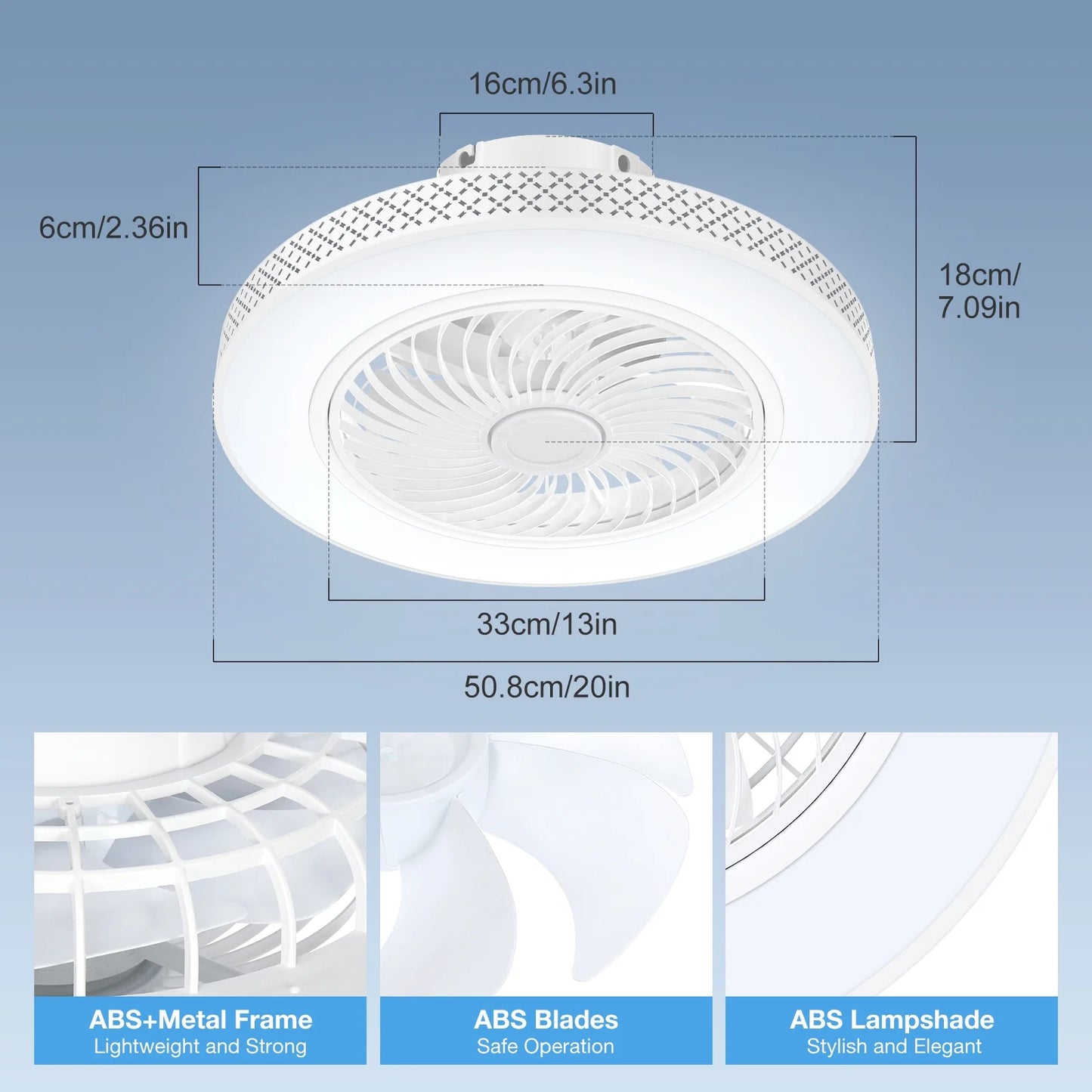 BLITZWILL 20 in Round Ceiling Fans with Lights, Dimmable Color Temperature and 6 Speeds, Remote & APP Control, Flush Mount Bladeless Reversible Motor, White