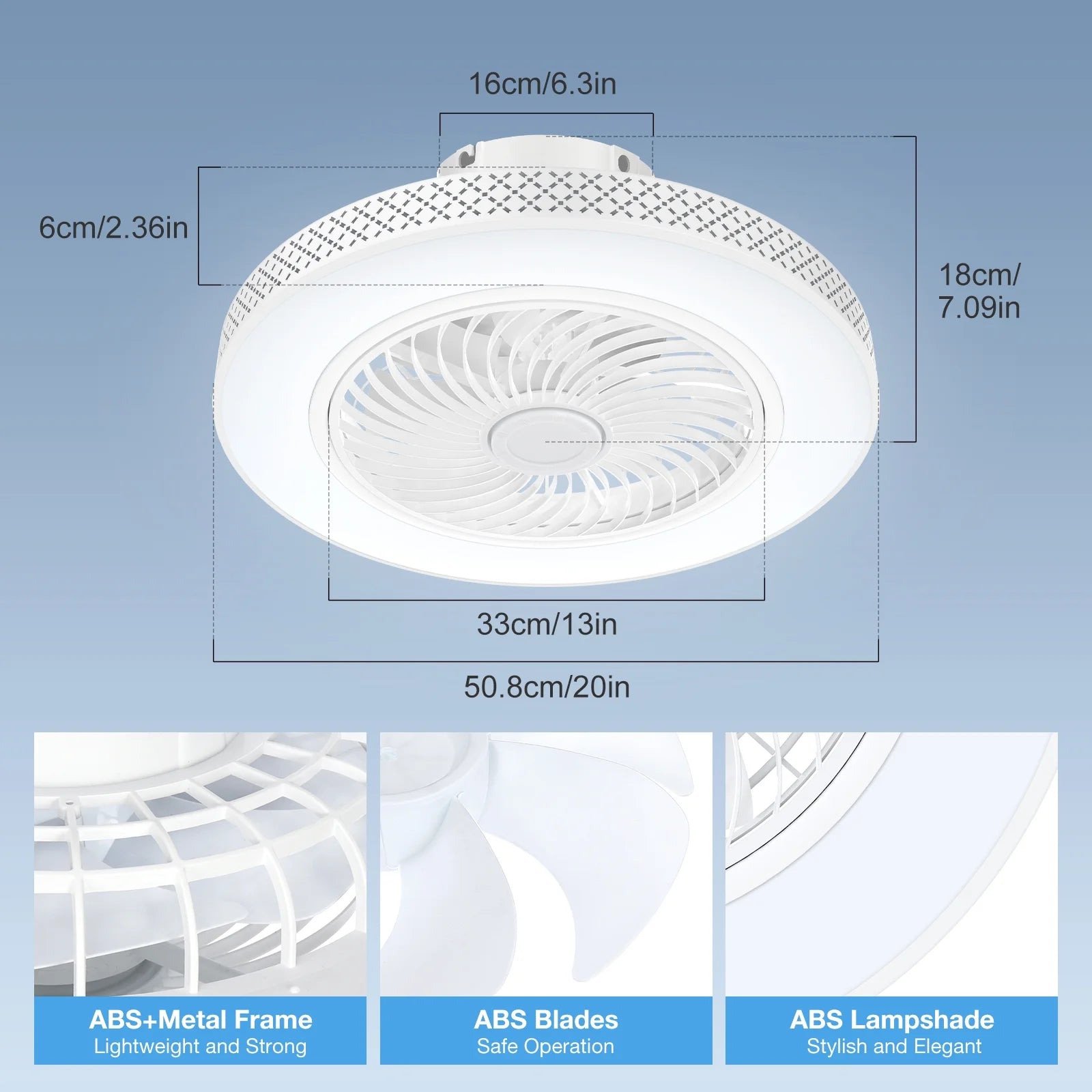 BLITZWILL 20 in Round Ceiling Fans with Lights, Dimmable Color Temperature and 6 Speeds, Remote & APP Control, Flush Mount Bladeless Reversible Motor, White