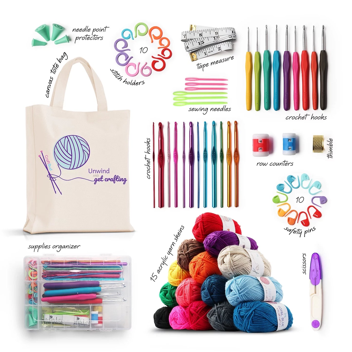 Craftbud 73 Piece Beginners Crochet Kit with Crochet Hooks Yarn Set, Premium Bundle Includes Yarn Balls, Needles, Accessories Kit, Canvas Tote Bag for Travel