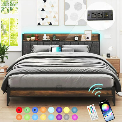 Queen Bed Frame with LED Light, Power Outlets & USB Charging Port, Upholstered Headboard with Storage, Metal Platform Bed