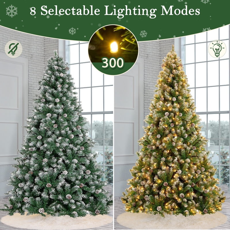 Yexmas 6ft Pre-Lit Realistic Artificial Christmas Trees,Green Christmas Trees with 1200 Flocked Frosted Tips & 80 Pine Cones,LED Lights Christmas Trees with 48 Inch Christmas Tree Skirt White