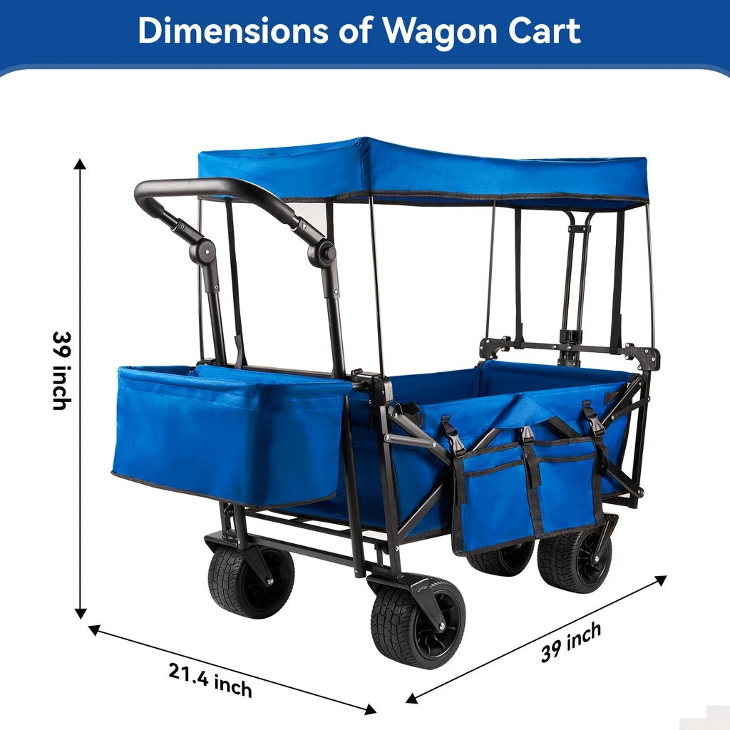 Collapsible Garden Wagon Cart with Removable Canopy, VECUKTY Foldable Wagon Utility Carts with Wheels and Rear Storage, for Garden Camping Grocery Shopping Cart,Blue