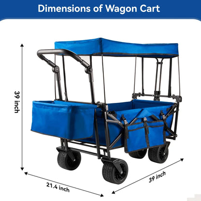 Collapsible Garden Wagon Cart with Removable Canopy, VECUKTY Foldable Wagon Utility Carts with Wheels and Rear Storage, for Garden Camping Grocery Shopping Cart,Blue