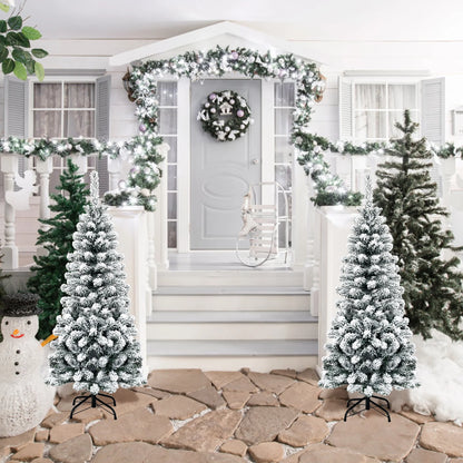 Costway 4.5Ft Unlit Hinged Snow Flocked Artificial Pencil Christmas Tree with 242 Branch