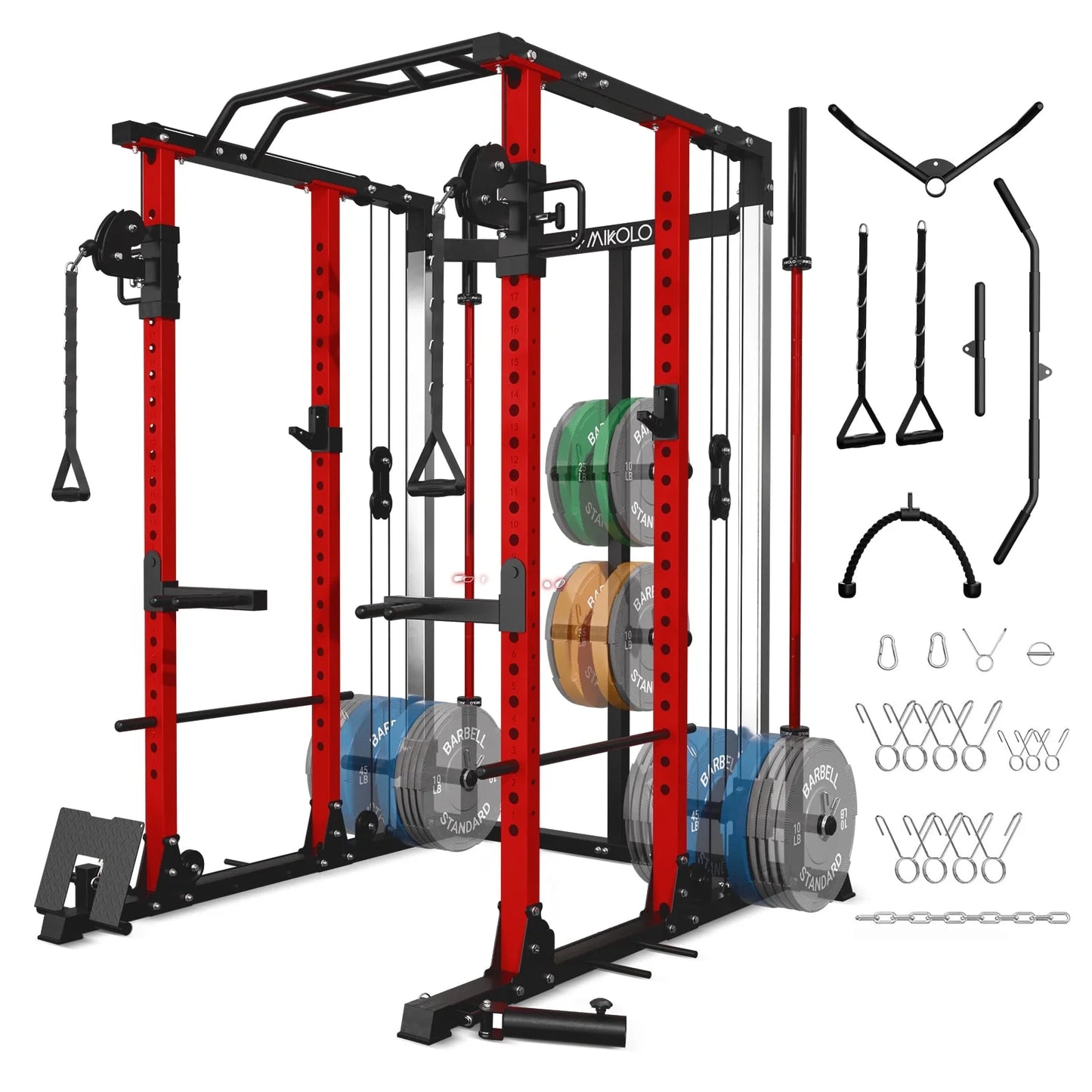 Mikolo Power Rack Cage PC07, 2200 lbs Weight Rack with Cable Crossover Machine,Multi-Function Squat Rack with J Hooks,Dip Bars and Landmine for Home Gym (Red), Plate Loaded