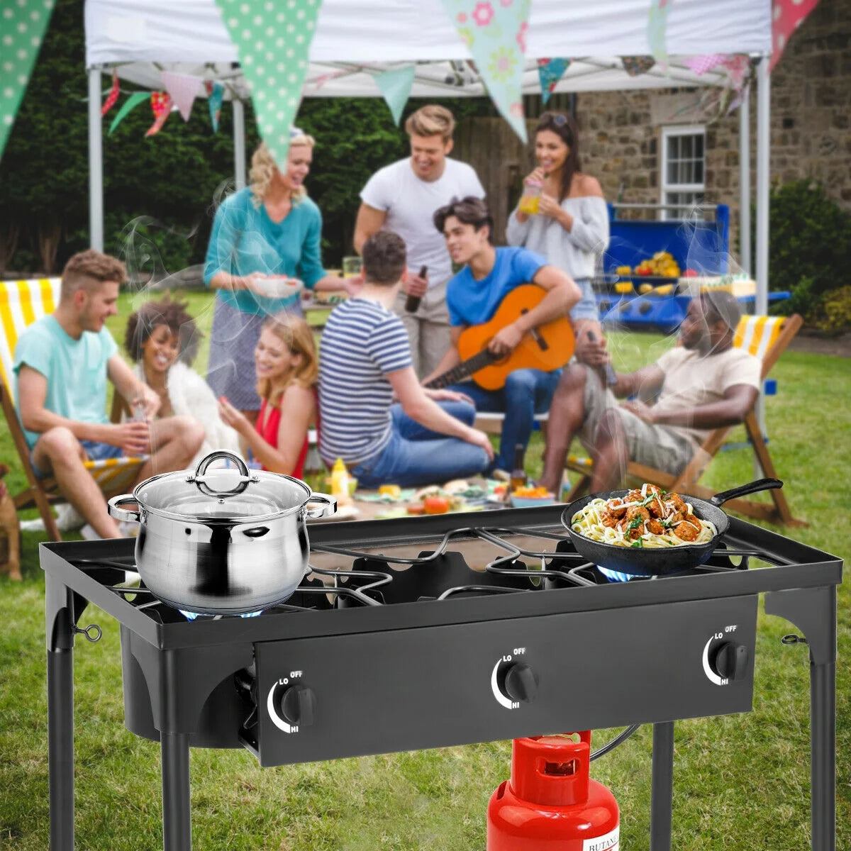 Goplus Portable Propane 225,000-BTU 3 Burner Gas Cooker Outdoor Camp Stove BBQ