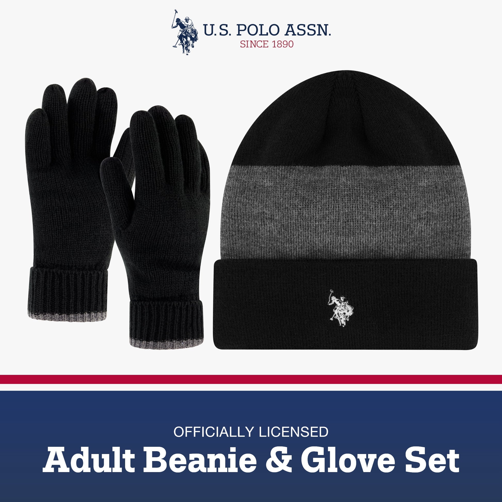 U.S. Polo Assn. Men's Knit Cuffed Wide Stripe Beanie and Glove Set