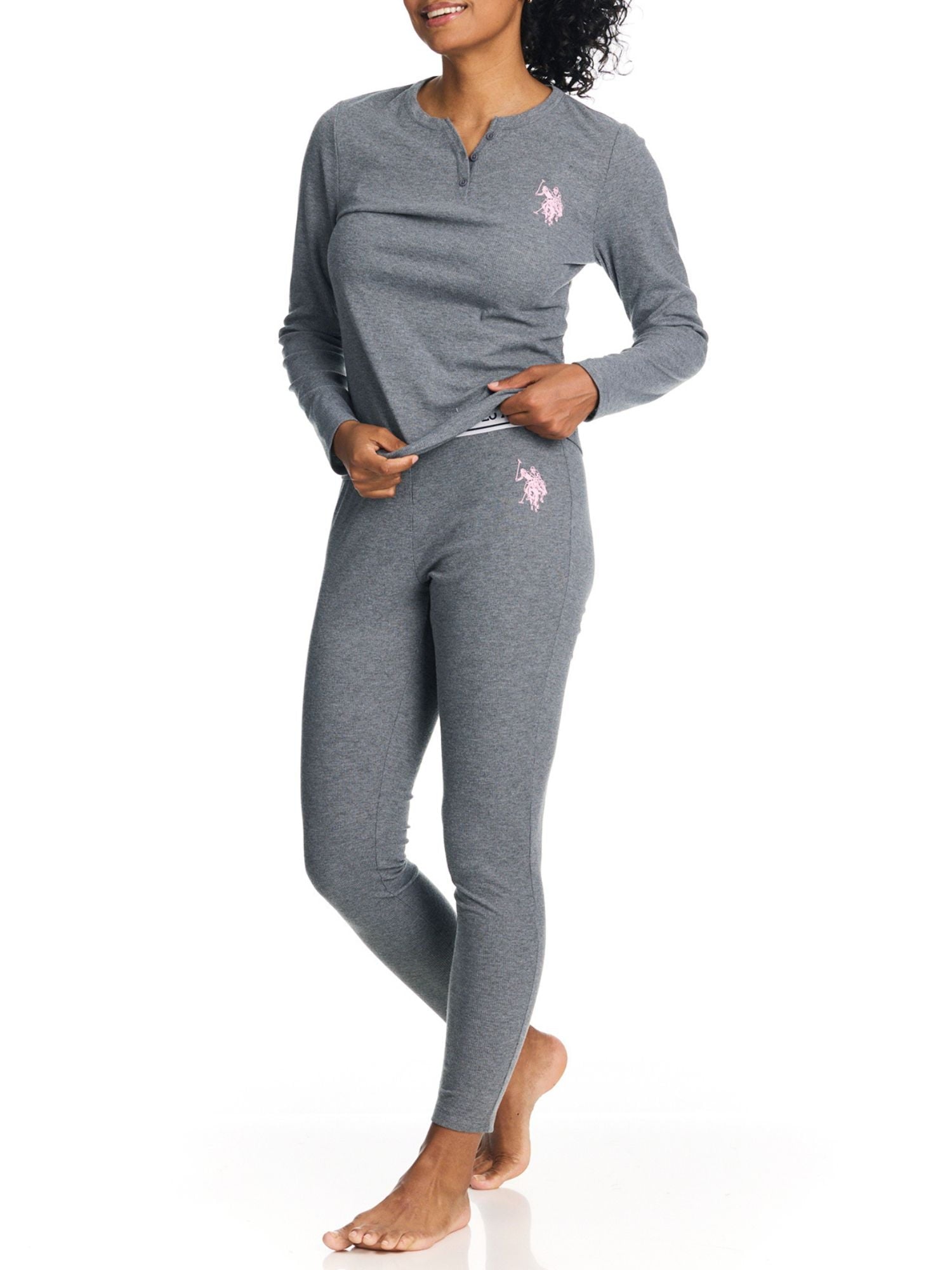 U.S. Polo Assn. Women's Ribbed Henley Long Underwear Thermal Set, 2-Piece Set, Sizes S-3X