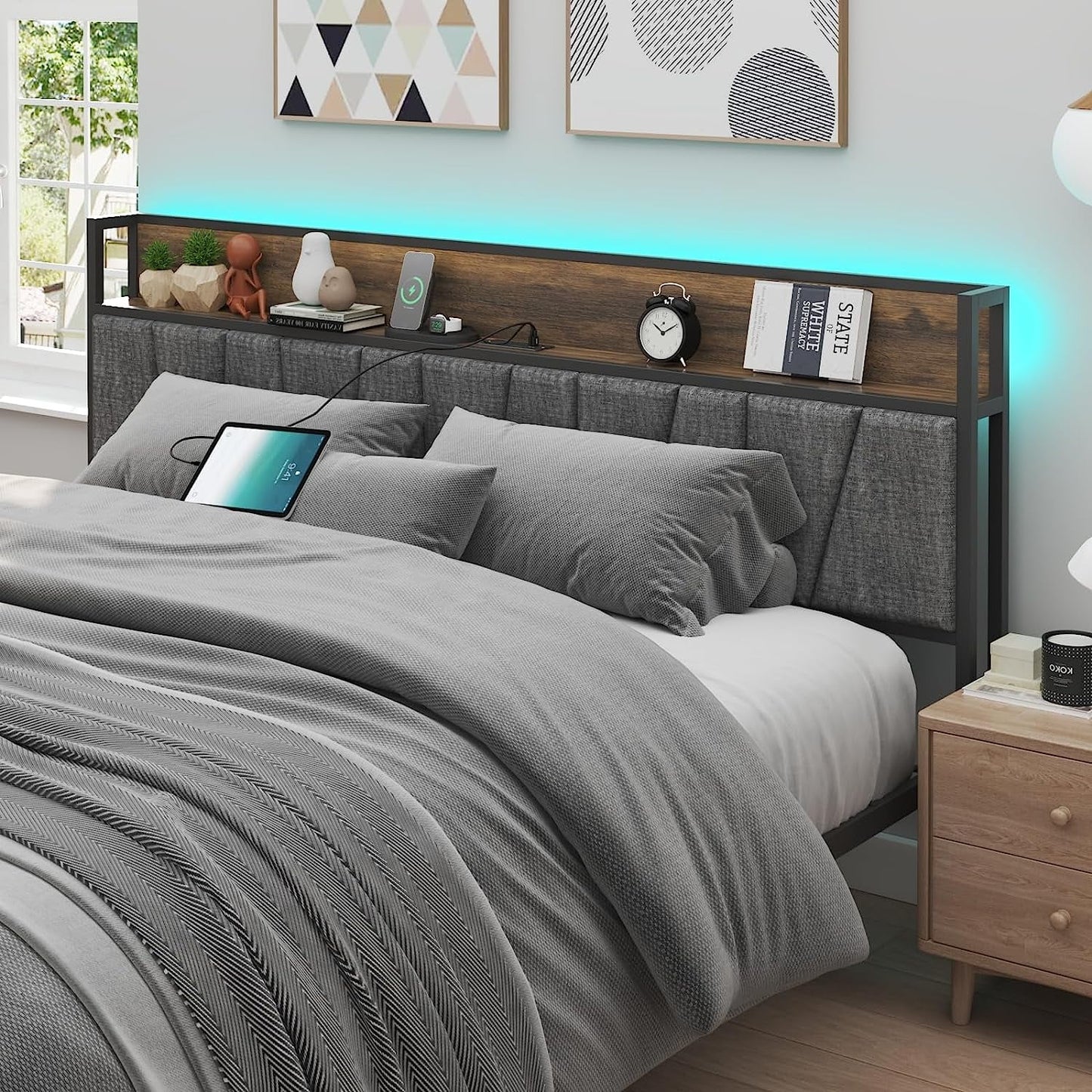 Queen Bed Frame with LED Light, Power Outlets & USB Charging Port, Upholstered Headboard with Storage, Metal Platform Bed