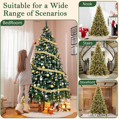 Yexmas 6ft Pre-Lit Realistic Artificial Christmas Trees,Green Christmas Trees with 1200 Flocked Frosted Tips & 80 Pine Cones,LED Lights Christmas Trees with 48 Inch Christmas Tree Skirt White