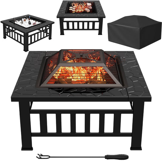 Lacoo 32" Patio Square Fire Pit Table for Patio Backyard BBQ, Ice Storage with Mesh Lid, Poker and Cover, Black