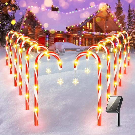 12 Pack Christmas Candy Cane Pathway Solar Garden Lights, 8 Lighting Modes Perfect for Outdoor Patios, Walkways, and Holiday Celebrations, Xmas Decorations