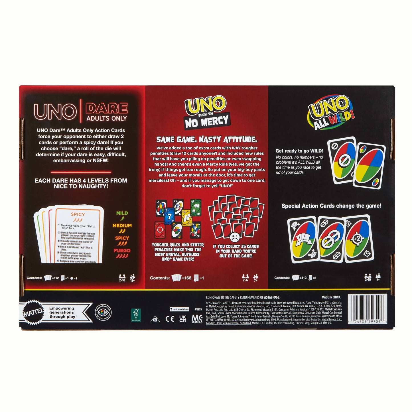 UNO All Wild, UNO Show ‘em No Mercy, UNO Dare Adults Only 3 Card Game Bundle