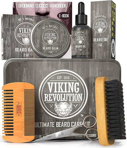 Viking Revolution Beard Care Kit for Men - Beard Brush, Wooden Comb, Beard Balm, Beard Oil, Beard & Mustache Scissors