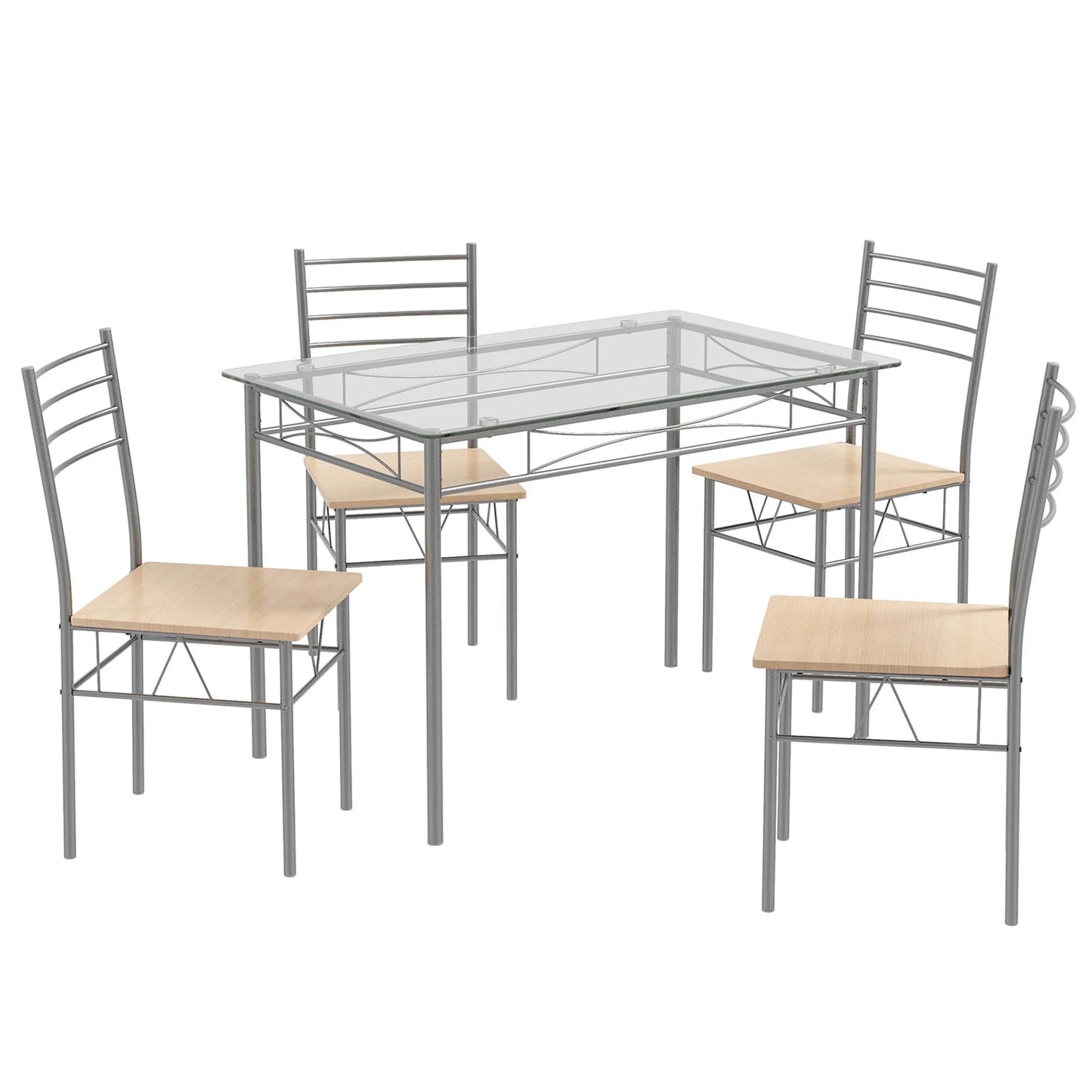 Costway 5 Piece Dining Set Table and 4 Chairs Glass Top Kitchen Breakfast Furniture Brown