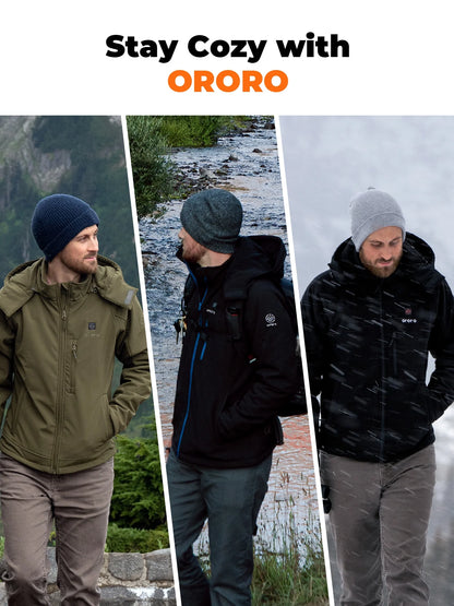 ORORO Men's Heated Jacket with Battery and Detachable Hood, Battery Powered Heating Jacket for Hiking Skiing Camping (Black/Blue Zipper, L)