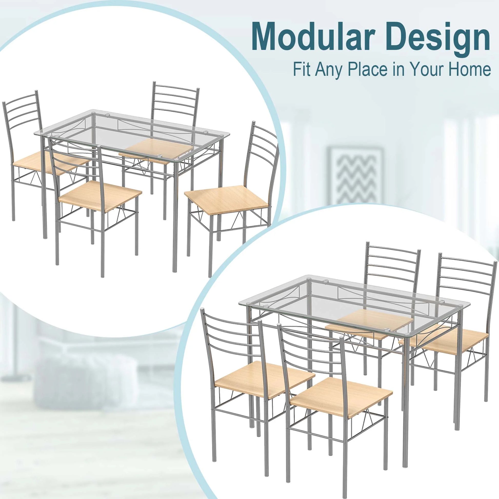 Costway 5 Piece Dining Set Table and 4 Chairs Glass Top Kitchen Breakfast Furniture Brown