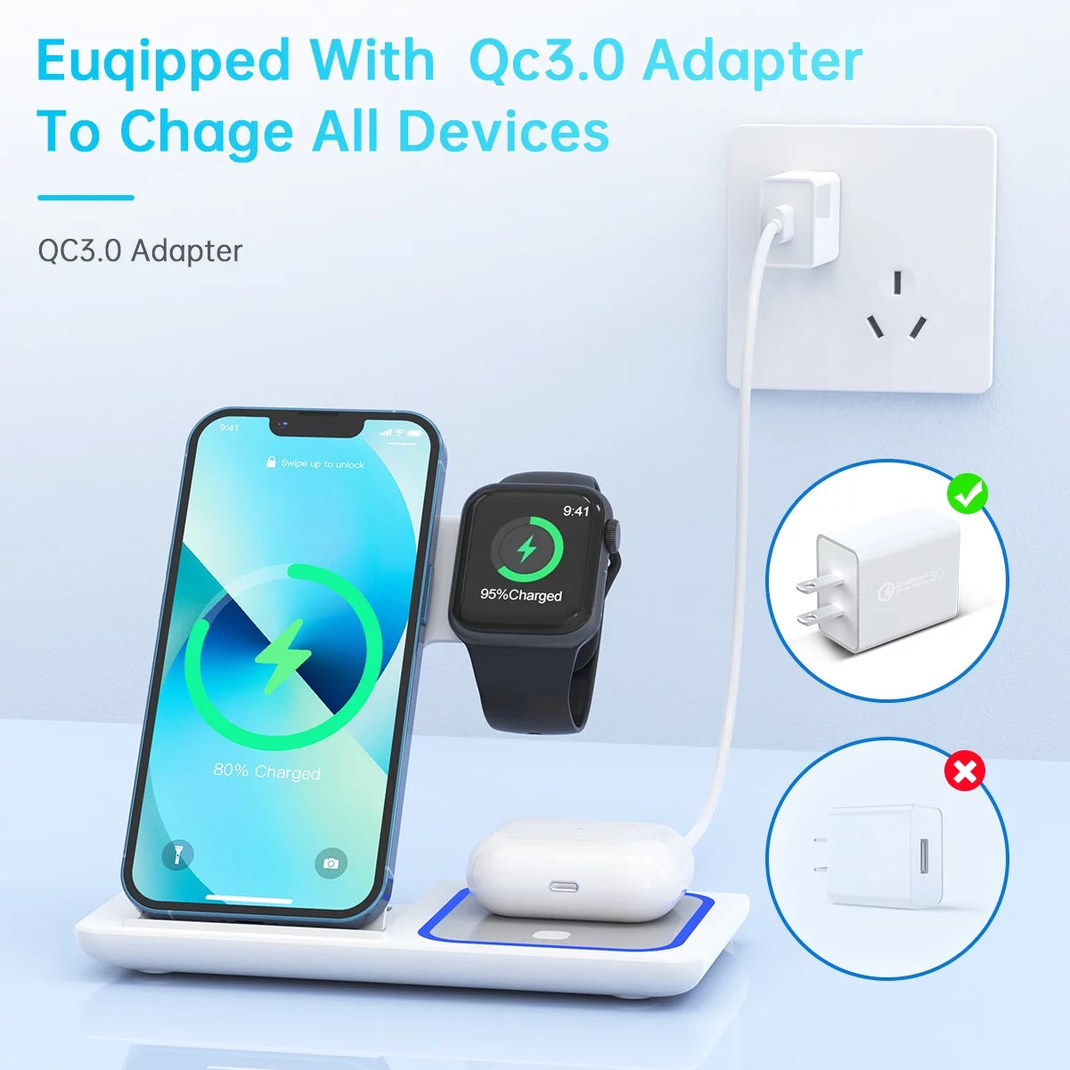 2024 Upgraded Wireless Charging Station, 18W 3 in 1 Charger Station, Fast Charging Dock Stand for iWatch Series 10/9/8/7/6/SE/5/4/3/2, Compatible with iPhone 16 15 14 13 12 11 Pro/XS/Samsung & AirPod