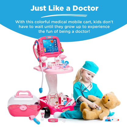 Best Choice Products Play Doctor Kit for Kids, Pretend Medical Station Set with Carrying Case, Mobile Cart - Pink