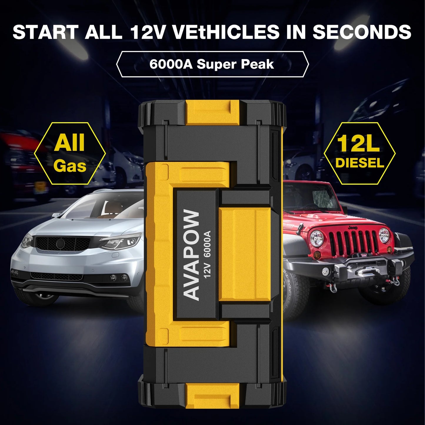 AVAPOW 6000A Car Battery Jump Starter, Portable Car Jump Starter with Dual USB Quick Charge and DC Output, 12V Jump Pack with Built-in LED Bright Light, Yellow