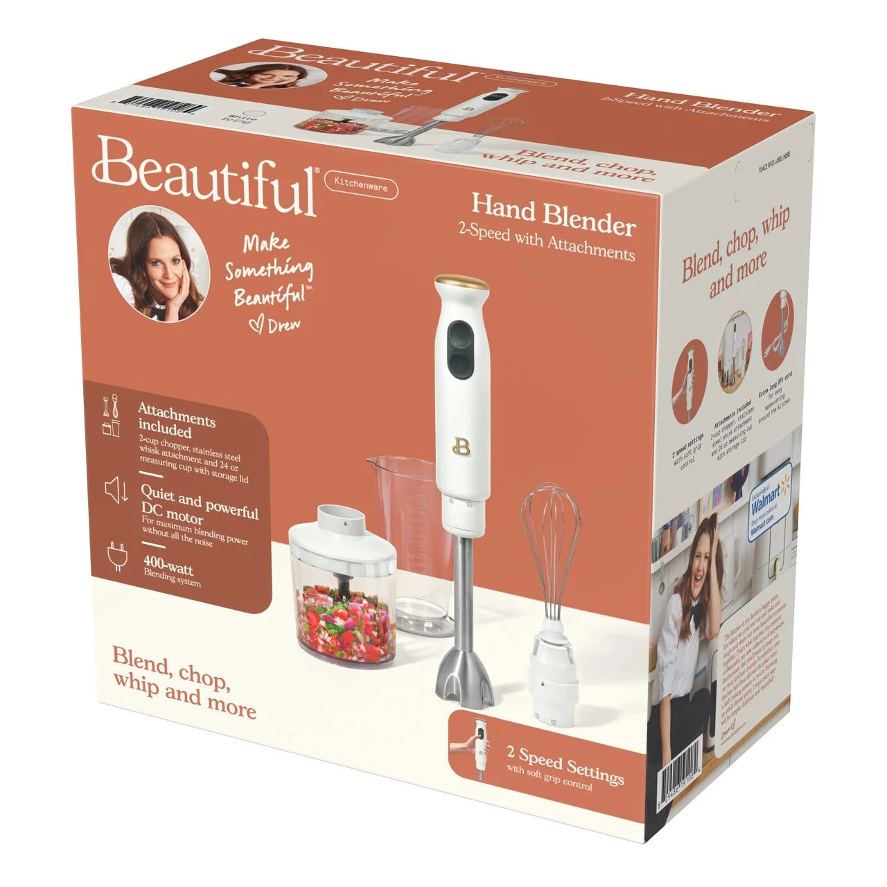 Beautiful 2-Speed Immersion Blender with Chopper & Measuring Cup, White Icing by Drew Barrymore