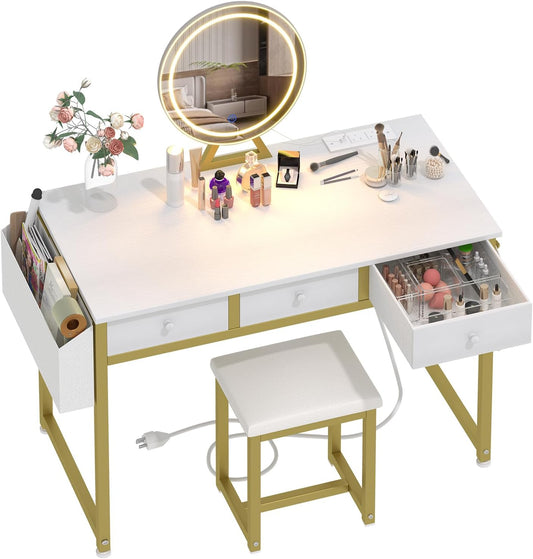 Lufeiya White Makeup Vanity Desk with Mirror and Lights, 40 inch Make Up Vanity Desks with Fabric Drawers & Charging Station, Dressing Table and Chair Set for Bedroom Girls, White Gold