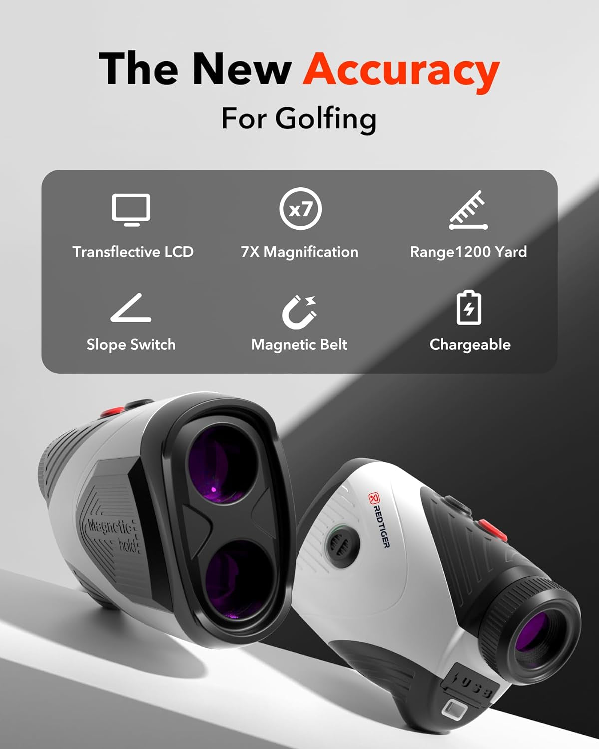 REDTIGER Golf Rangefinder with Slope, 1200 Yards Laser Range Finder Golfing, 7X Magnification, Flag Pole Locking Vibration, Rechargeable Range Finders with Magnet Stripe, GolfVue Series 1