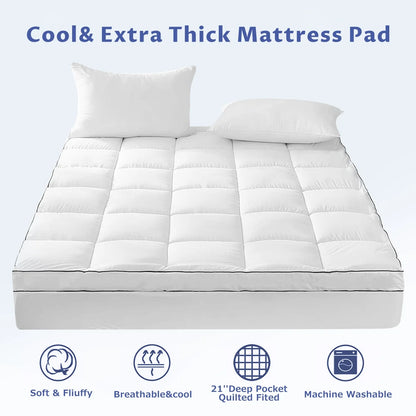 JUSTLET Extra Thick Queen Mattress Topper, Cooling Mattress Pad Cover, 2" Mattress Topper with 8-21 Inch Deep Pocket Soft Comfortable Breathable, White