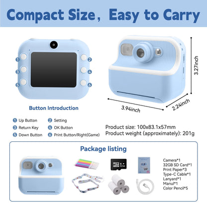 DOMQGA Kids Camera Instant Print,1080P Rechargeable Portable Kids Digital Cameras Christmas Birthday Gifts with 32G SD Card,Blue