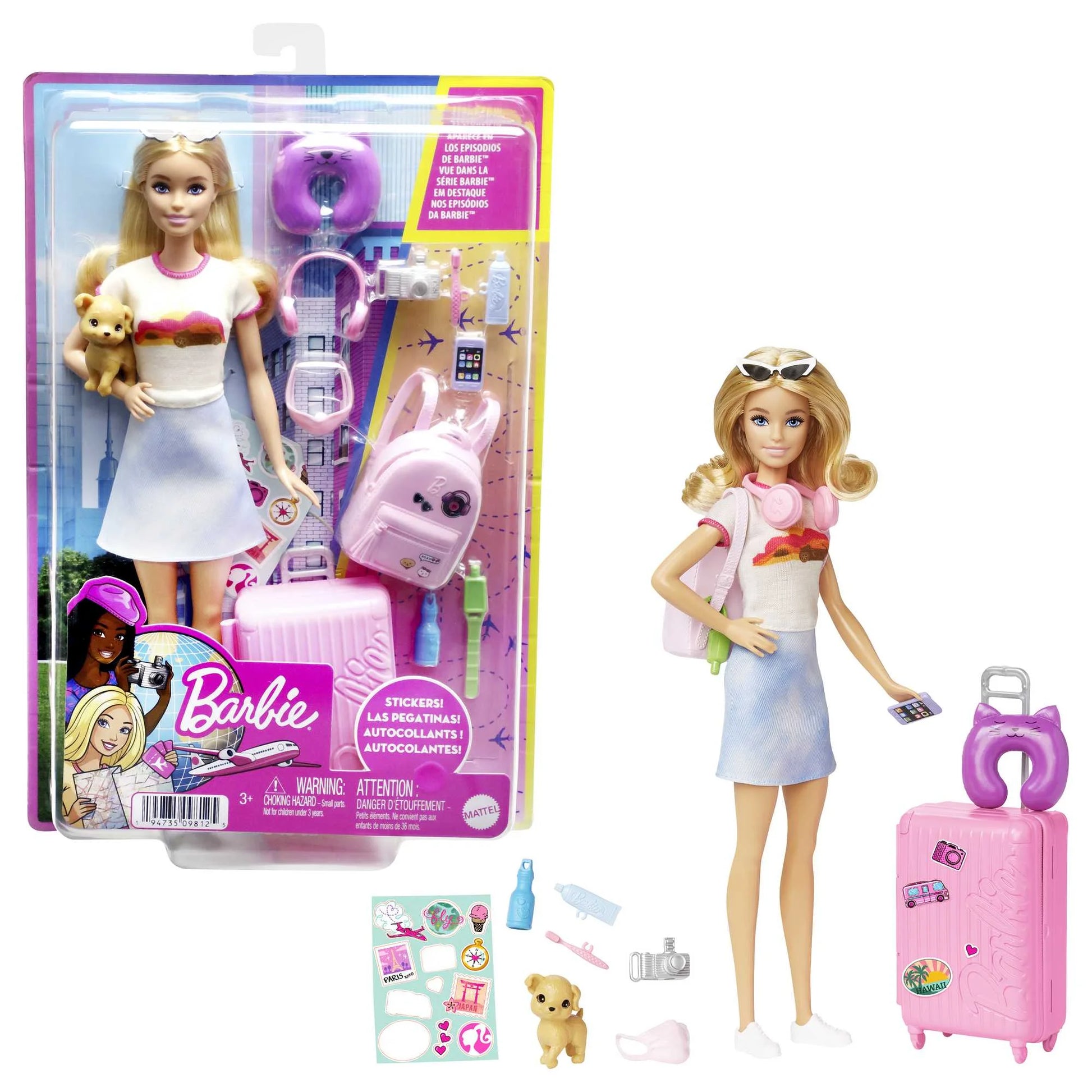 Barbie Doll and Accessories, 'Malibu' Travel Set with Puppy & Working Suitcase, 10+ Pieces