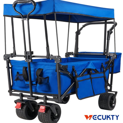 Collapsible Garden Wagon Cart with Removable Canopy, VECUKTY Foldable Wagon Utility Carts with Wheels and Rear Storage, for Garden Camping Grocery Shopping Cart,Blue