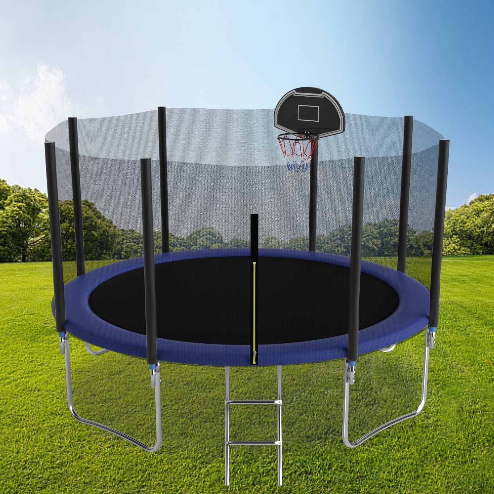 EUROCO 1000LBS 10FT Trampoline for 5-6 Kids Adults,Trampoline with Safety Enclosure Net,Basketball Hoop and Ladder, Easy Assembly Round Outdoor Recreational Trampoline