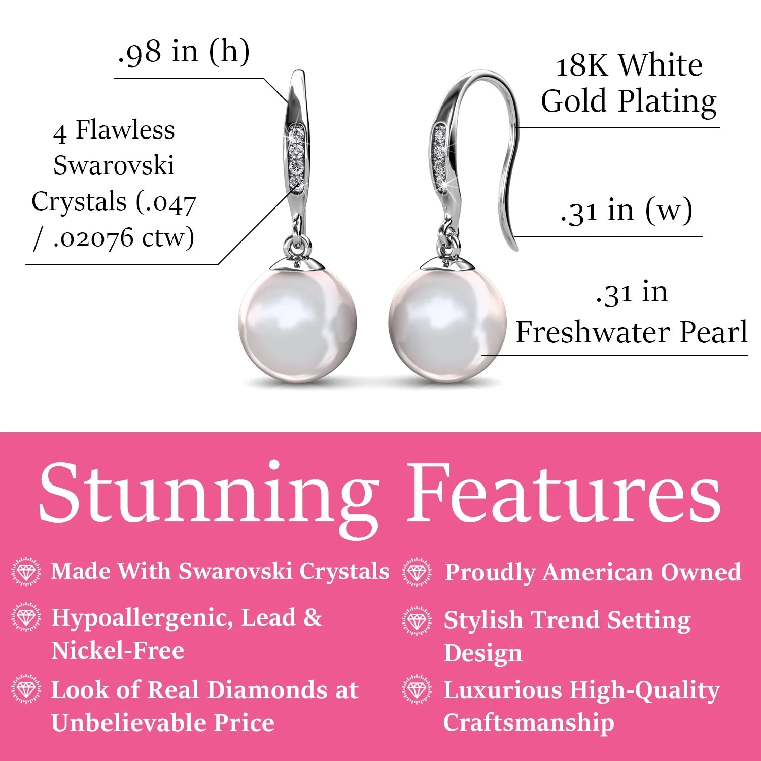 Cate & Chloe Betty 18k White Gold Plated Pearl Drop Earrings with Swarovski Crystals Gift for Women