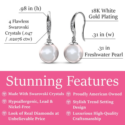 Cate & Chloe Betty 18k White Gold Plated Pearl Drop Earrings with Swarovski Crystals Gift for Women