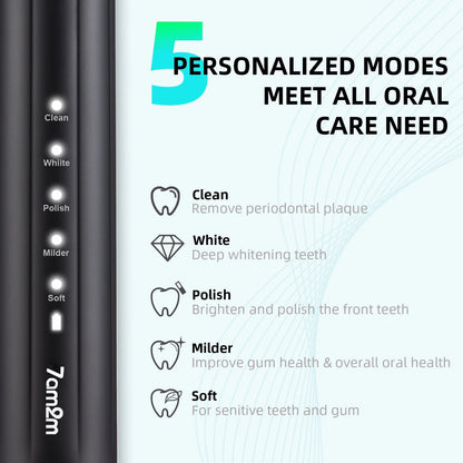 7AM2M Sonic Electric Toothbrush for Adults and Kids, One Charge for 90 Days, with 6 Brush Heads, 5 Modes with 2 Minutes Build in Smart Timer, Roman Column Handle Design,Black