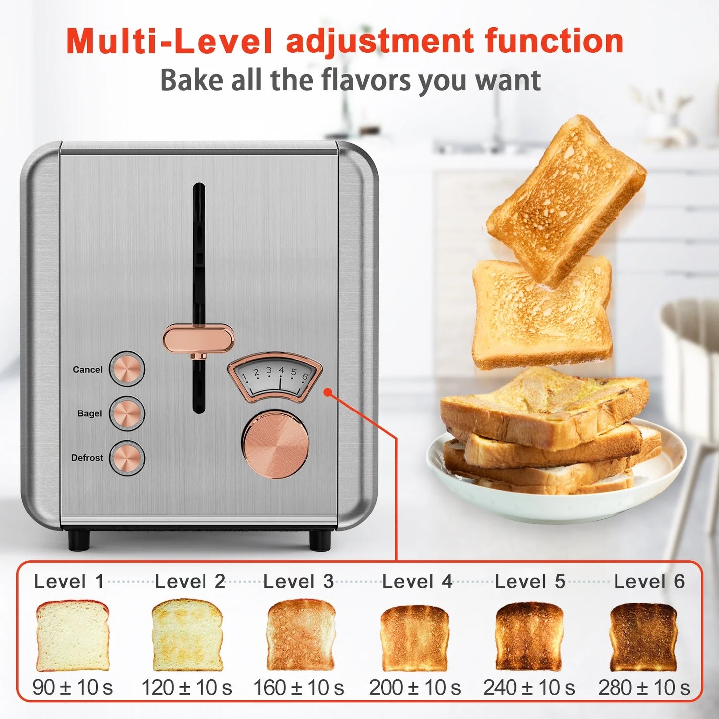 WHALL 2 Slice Toaster - Stainless Steel Toaster with Wide Slot, 6 Shade Settings, Bagel Function, Removable Crumb Tray