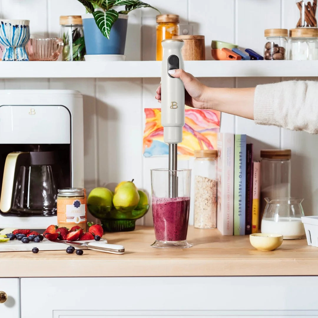 Beautiful 2-Speed Immersion Blender with Chopper & Measuring Cup, White Icing by Drew Barrymore