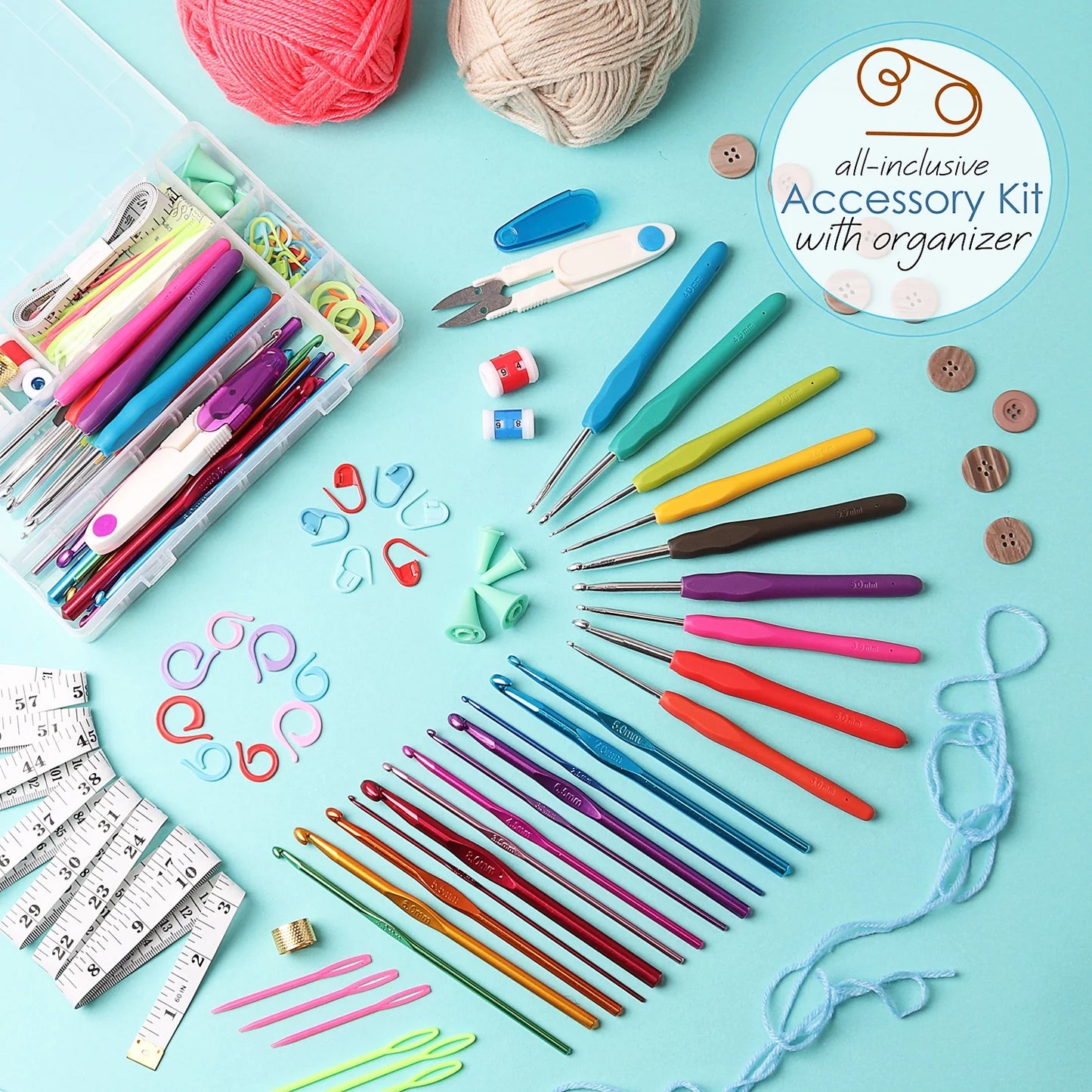 Craftbud 73 Piece Beginners Crochet Kit with Crochet Hooks Yarn Set, Premium Bundle Includes Yarn Balls, Needles, Accessories Kit, Canvas Tote Bag for Travel