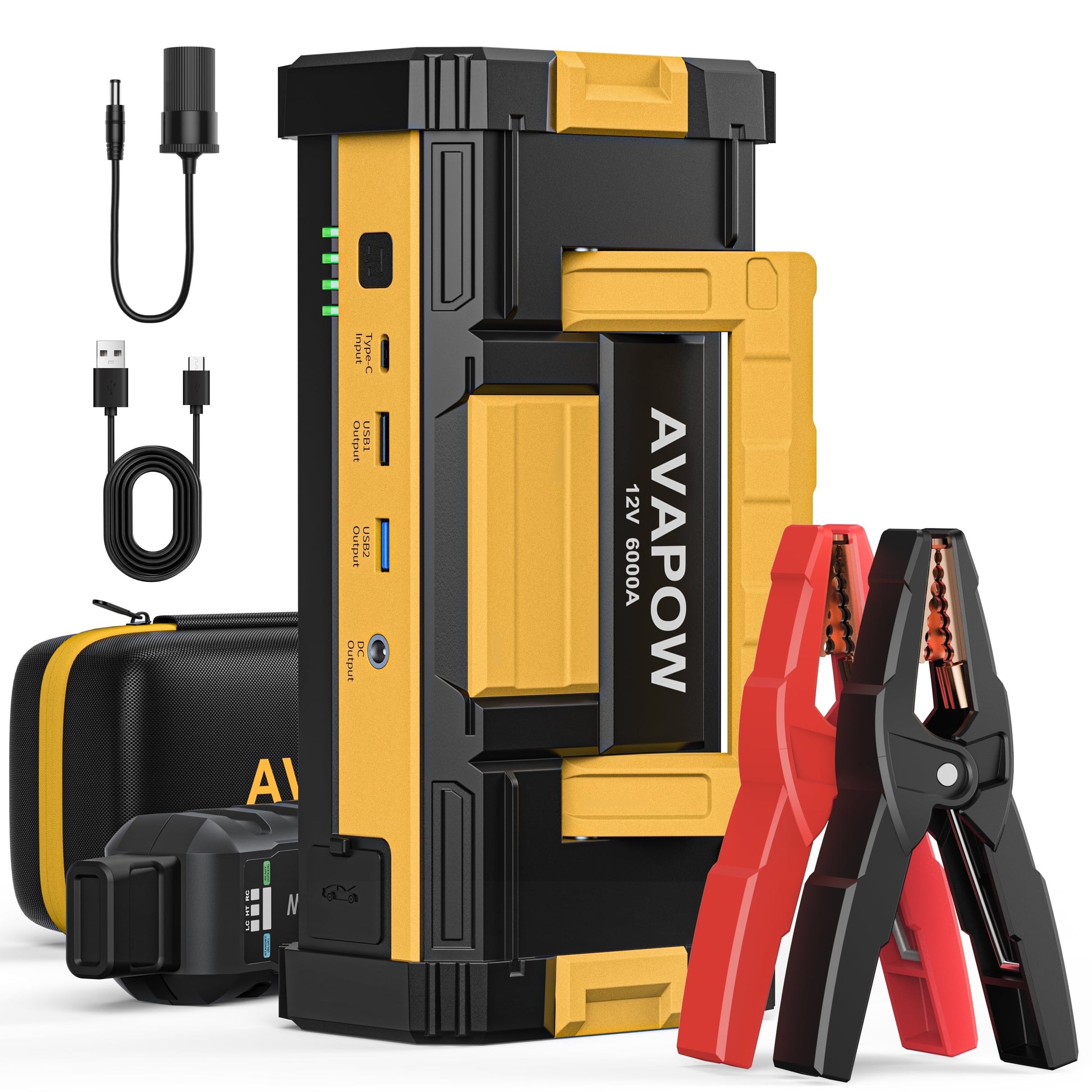 AVAPOW 6000A Car Battery Jump Starter, Portable Car Jump Starter with Dual USB Quick Charge and DC Output, 12V Jump Pack with Built-in LED Bright Light, Yellow