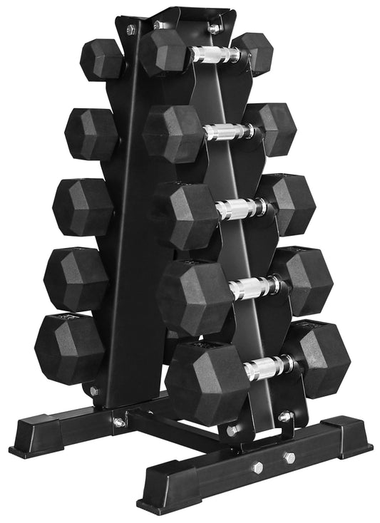 BalanceFrom 150LB Coated Hex Dumbbell Weight Set and A-Frame Storage Rack, 5-25 lbs Pairs