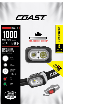 COAST RL27R Rechargeable Plus Rear Loading 1000 Lumens Tri-Color LED Headlamp, 4.9 oz.