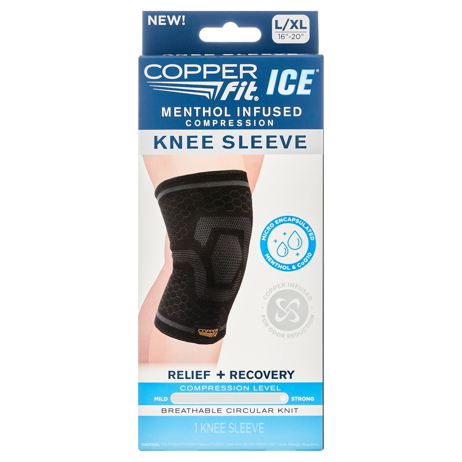 Copper Fit® Ice Knee Compression Sleeve Infused with Menthol, Large/XL, Black, 1-Pack, FSA HSA Eligible