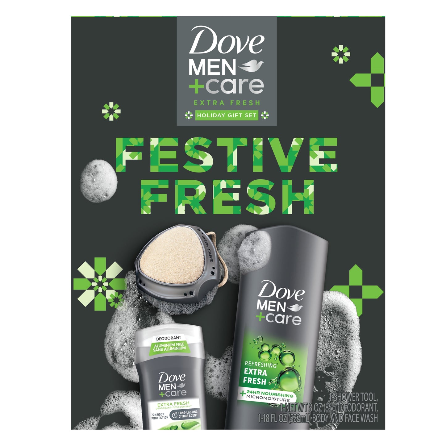 Dove Men+Care Festive Fresh Holiday Men's Gift Set Body + Fash Wash Deodorant Stick & Shower Tool, 3 Count