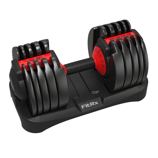 FitRx SmartBell, Quick-Select Adjustable Dumbbell for Home Gym, 5-52.5 lbs. Weight, Black, Single